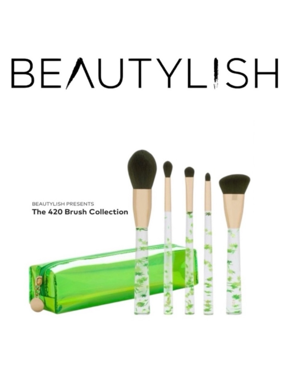 Beautylish 420 Limited Edition Makeup Brush Set 5 Vegan Brushes Zip Case NWT